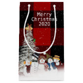 Vrolijk kerstsneeuwpoppen op het vacht klein cadeauzakje (Voorkant)