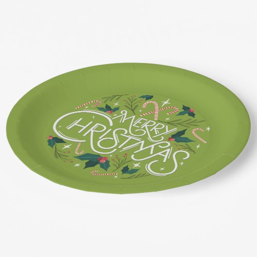 Vrolijk kerstsnoepriet en Holly Name Year Green Papieren Bordje (Gekanteld)
