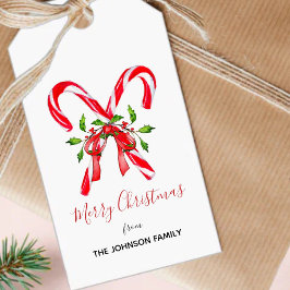 Vrolijk kerstsnoepsuikerriet met Holly-bladeren Cadeaulabel