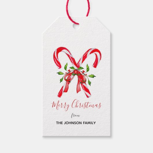 Vrolijk kerstsnoepsuikerriet met Holly-bladeren Cadeaulabel (Voorkant)