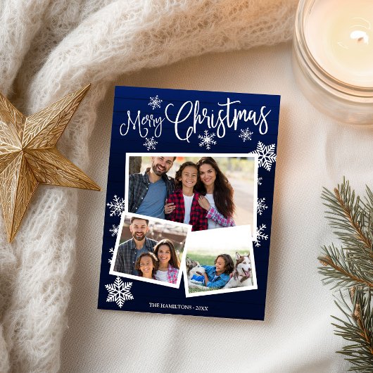 Vrolijk kerstsnowflake Rustic 3 Foto's Collage Briefkaart