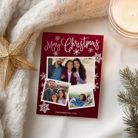 Vrolijk kerstsnowflake Rustic 3 Foto's Collage Briefkaart