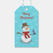 Vrolijk kerstsnowman en blauwe vogel cadeaulabel (Voorkant)