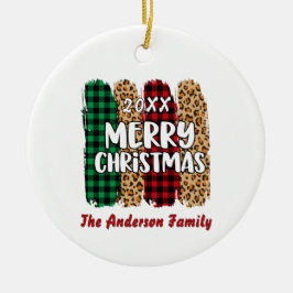 Vrolijk Kerstspel & Leopard Print Familienaam Keramisch Ornament