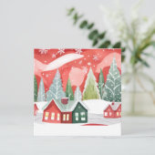 Vrolijk kerststadje | rood-groene Waterverf Feestdagenkaart (Staand voorkant)