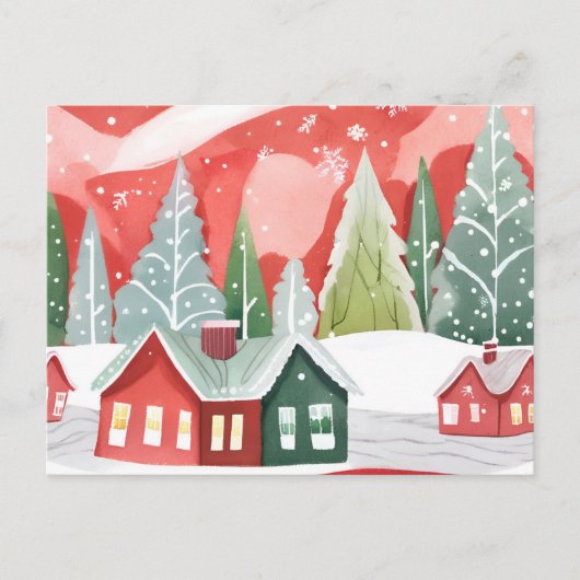 Vrolijk kerststadje | rood-groene Waterverf Feestdagenkaart (Voorkant)