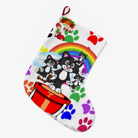 Vrolijk kerststenigen, Elf Cat Paws Rainbow Grote Kerstsok (Voorkant (Hangend))