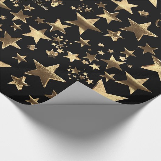Vrolijk kerststerren Black Gold Elegant Script WR Cadeaupapier (Hoek)