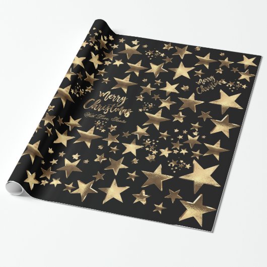 Vrolijk kerststerren Black Gold Elegant Script WR Cadeaupapier (Uitgerold)