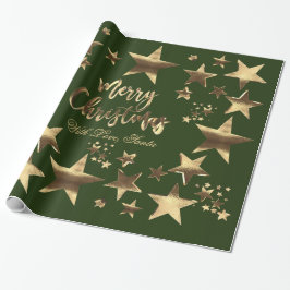 Vrolijk kerststerren Green Gold Elegant Script Cadeaupapier