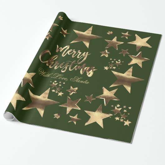 Vrolijk kerststerren Green Gold Elegant Script Cadeaupapier (Uitgerold)