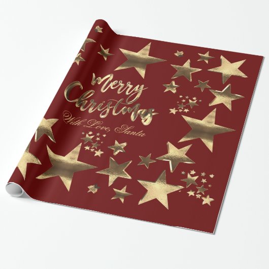 Vrolijk kerststerren Red Gold Elegant script Cadeaupapier (Uitgerold)