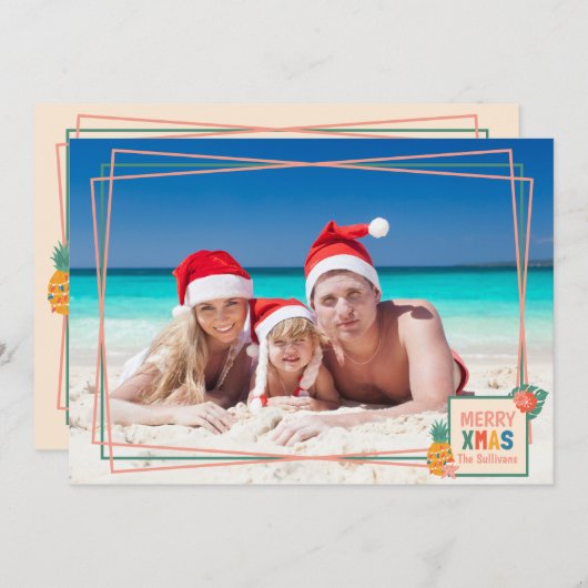 Vrolijk kerststrand met ananas en bloemen feestdagenkaart (Voorkant / Achterkant)