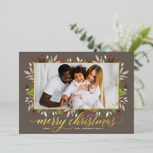 Vrolijk kersttaupe Gold Elegant-script Folie Feestdagenkaart (Staand Voorkant)