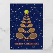 Vrolijk kersttennis boom aangepaste tekst blauw folie feestdagenkaart (Voorkant)