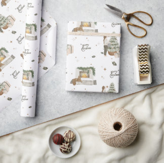 Vrolijk Kerstthema Scene Neutral Pine Gift Cadeaupapier