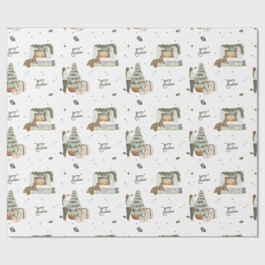 Vrolijk Kerstthema Scene Neutral Pine Gift Cadeaupapier (Vlak)