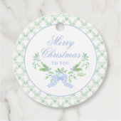 Vrolijk kersttrellis en swag met blauwe boog bedankjes labels (Voorkant)