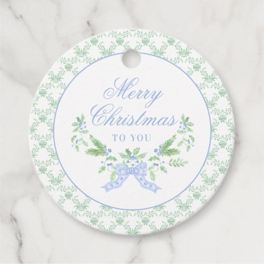 Vrolijk kersttrellis en swag met blauwe boog bedankjes labels (Voorkant)