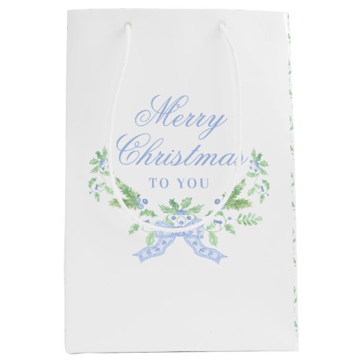 Vrolijk kersttrellis en swag met blauwe boog medium cadeauzakje (Voorkant)