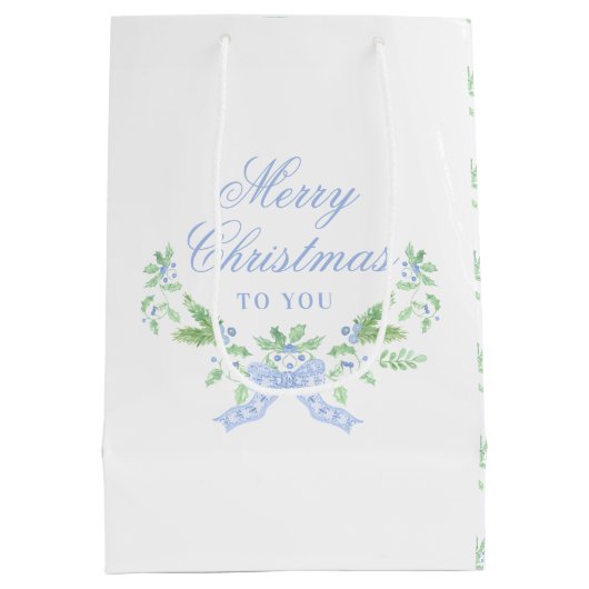 Vrolijk kersttrellis en swag met blauwe boog medium cadeauzakje (Achterkant)