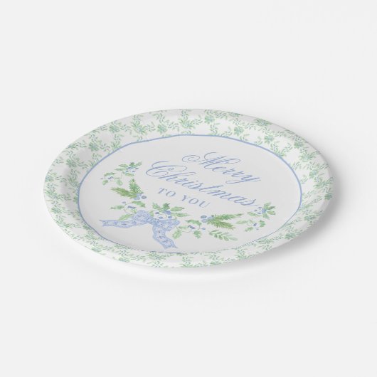 Vrolijk kersttrellis en swag met blauwe boog papieren bordje (Gekanteld)