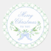 Vrolijk kersttrellis en swag met blauwe boog ronde sticker (Voorkant)