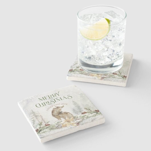 Vrolijk kersttypografie en bloemen met wolf stenen onderzetter (Zijkant)