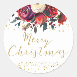 Vrolijk kerstvakantie gouden script holly floral ronde sticker