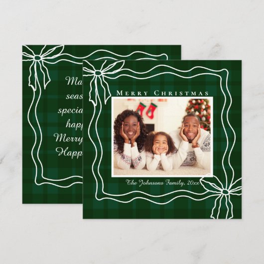 Vrolijk Kerstverhaal Doodle Bow Foto Green Plaid Feestdagenkaart (Voorkant / Achterkant)