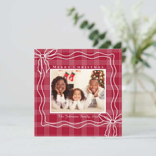 Vrolijk Kerstverhaal Doodle Bow Foto Wit Rood Plai Feestdagenkaart (Staand voorkant)