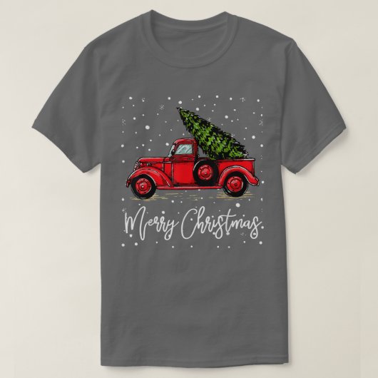 Vrolijk kerstvrachtwagen rood met boom Funny Xmas T-shirt (Design voorkant)