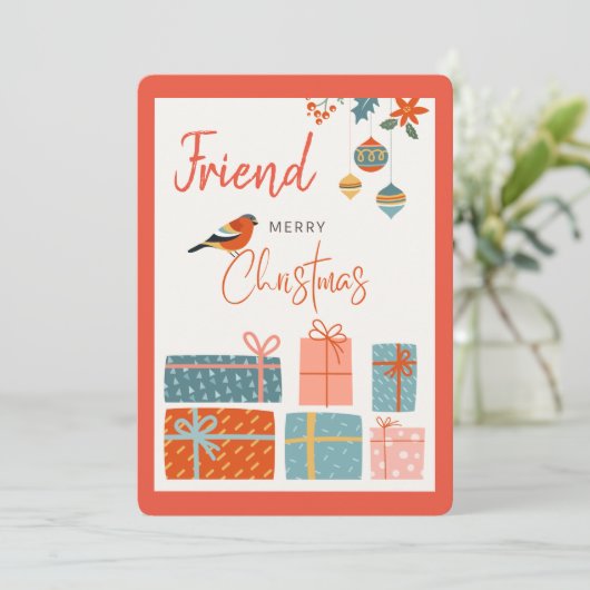 Vrolijk kerstvriendje met Ornament zalm Feestdagenkaart (Staand voorkant)