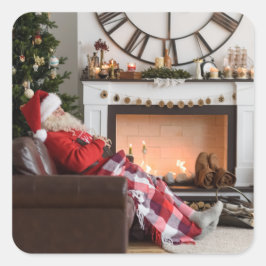 Vrolijk kerstwapen en Cozy Fireplace Santa Vierkante Sticker