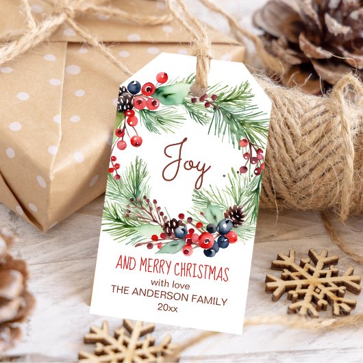 Vrolijk kerstwinter bessen dennen krans cadeaulabel