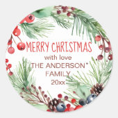 Vrolijk kerstwinter bessen dennen krans ronde sticker (Voorkant)