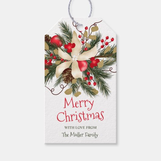 Vrolijk kerstwinter bloemenboeket waterverf cadeaulabel (Voorkant)