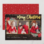 Vrolijk kerstwinter Gold op hout 3 Foto Collage Feestdagenkaart (Voorkant / Achterkant)