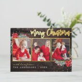 Vrolijk kerstwinter Gold op hout 3 Foto Collage Feestdagenkaart (Staand voorkant)