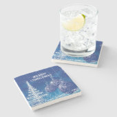 Vrolijk kerstwit en blauwe kerstbomen stenen onderzetter (Zijkant)