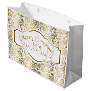 Vrolijk kerstwit en gouden Floral Paisley 2 Large Cadeautasje