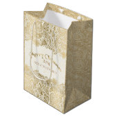 Vrolijk kerstwit en gouden Floral Paisley Lace Medium Cadeauzakje (Voorkant Gekanteld)