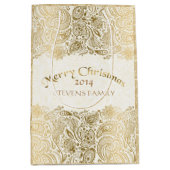 Vrolijk kerstwit en gouden Floral Paisley Lace Medium Cadeauzakje (Voorkant)