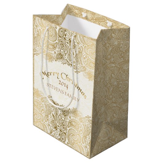 Vrolijk kerstwit en gouden Floral Paisley Lace Medium Cadeauzakje (Achterkant Gekanteld)