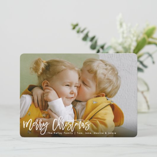 Vrolijk kerstwit penseelscript foto feestdagenkaart (Staand voorkant)