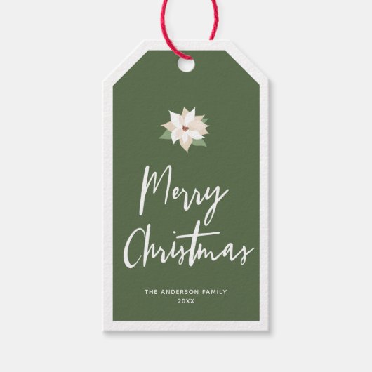 Vrolijk kerstwit Poinsettia, groen Cadeaulabel (Voorkant)