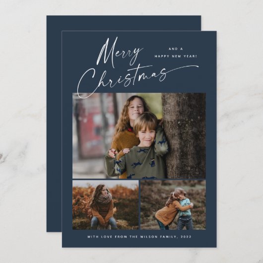 Vrolijk kerstwit script 3 Foto Collage Feestdagenkaart (Voorkant / Achterkant)