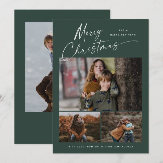 Vrolijk kerstwit script 3 Foto Collage Feestdagenkaart (Voorkant / Achterkant)