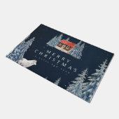 Vrolijk kerstwit Wolf en rode Cabin Scene Deurmat (Schuin)