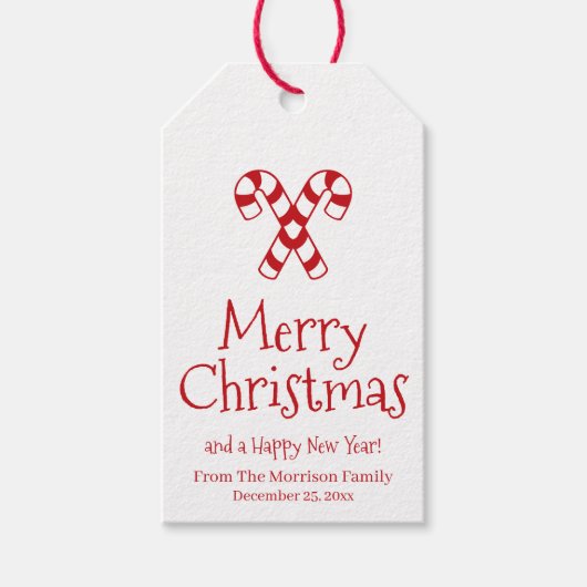 Vrolijk kerstwitte rode snoepsuikerriet, schattig cadeaulabel (Voorkant)